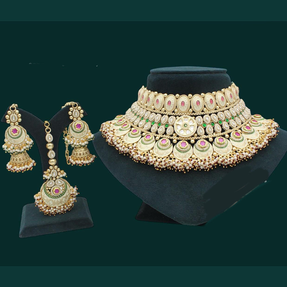 JCM Gold Plated Pota Stone And Pearl Choker Necklace Set