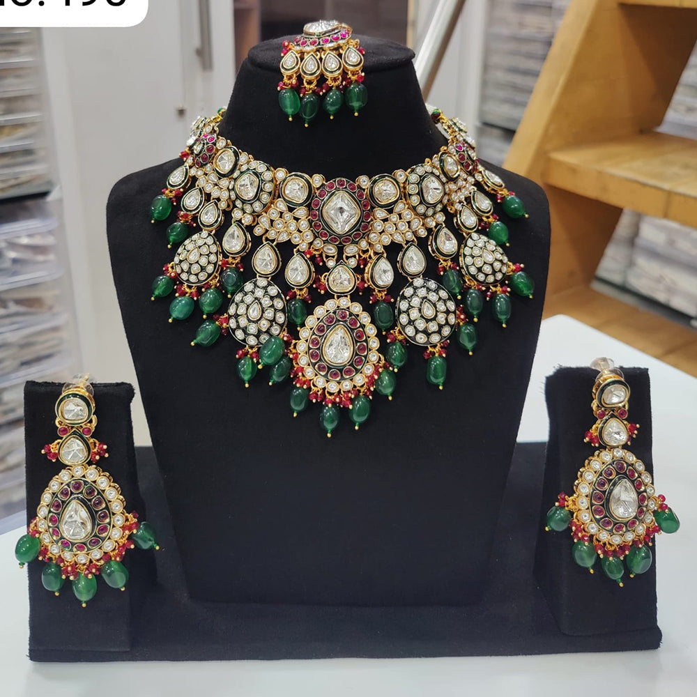 JCM Gold Plated Polki Kundan Stone And Beads Necklace Set