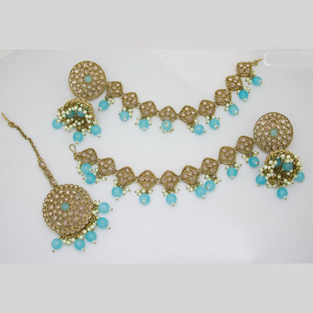 JCM Gold Plated Crystal Stone And Beads Jhumki With Maangtikka