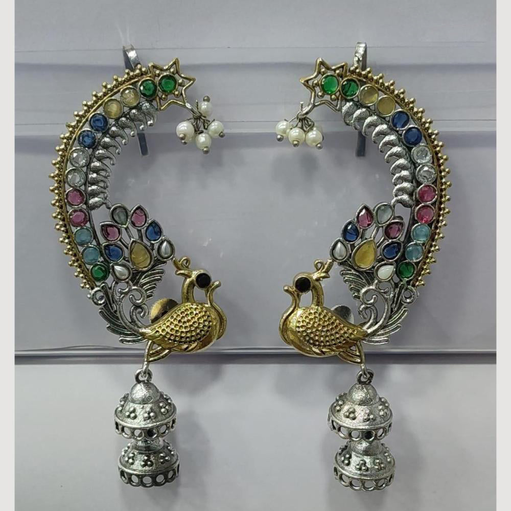 JCM 2 Tone Plated Pota Stone And Pearls Jhumki Earrings