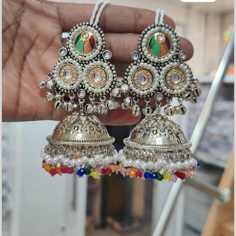 JCM 2 Tone Plated Pota Stone And Pearls Jhumki Earrings