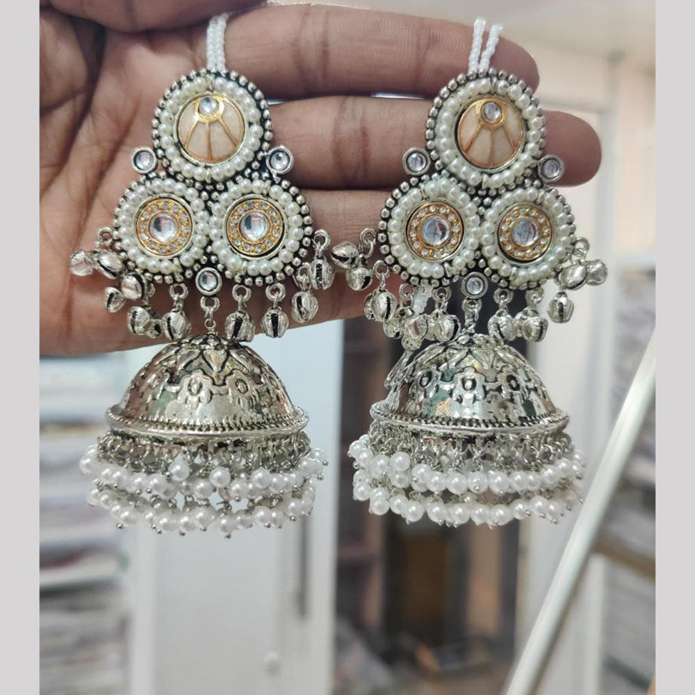 JCM 2 Tone Plated Pota Stone And Pearls Jhumki Earrings
