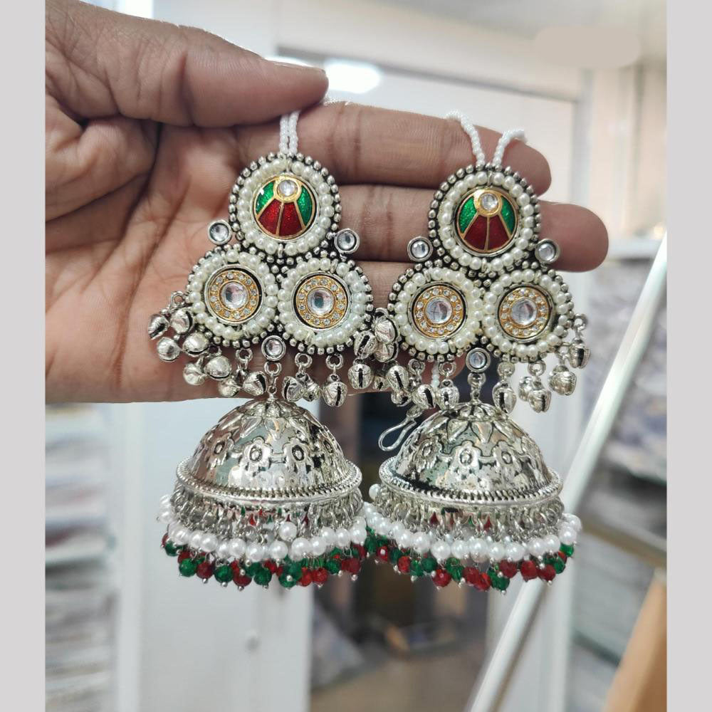 JCM 2 Tone Plated Pota Stone And Pearls Jhumki Earrings