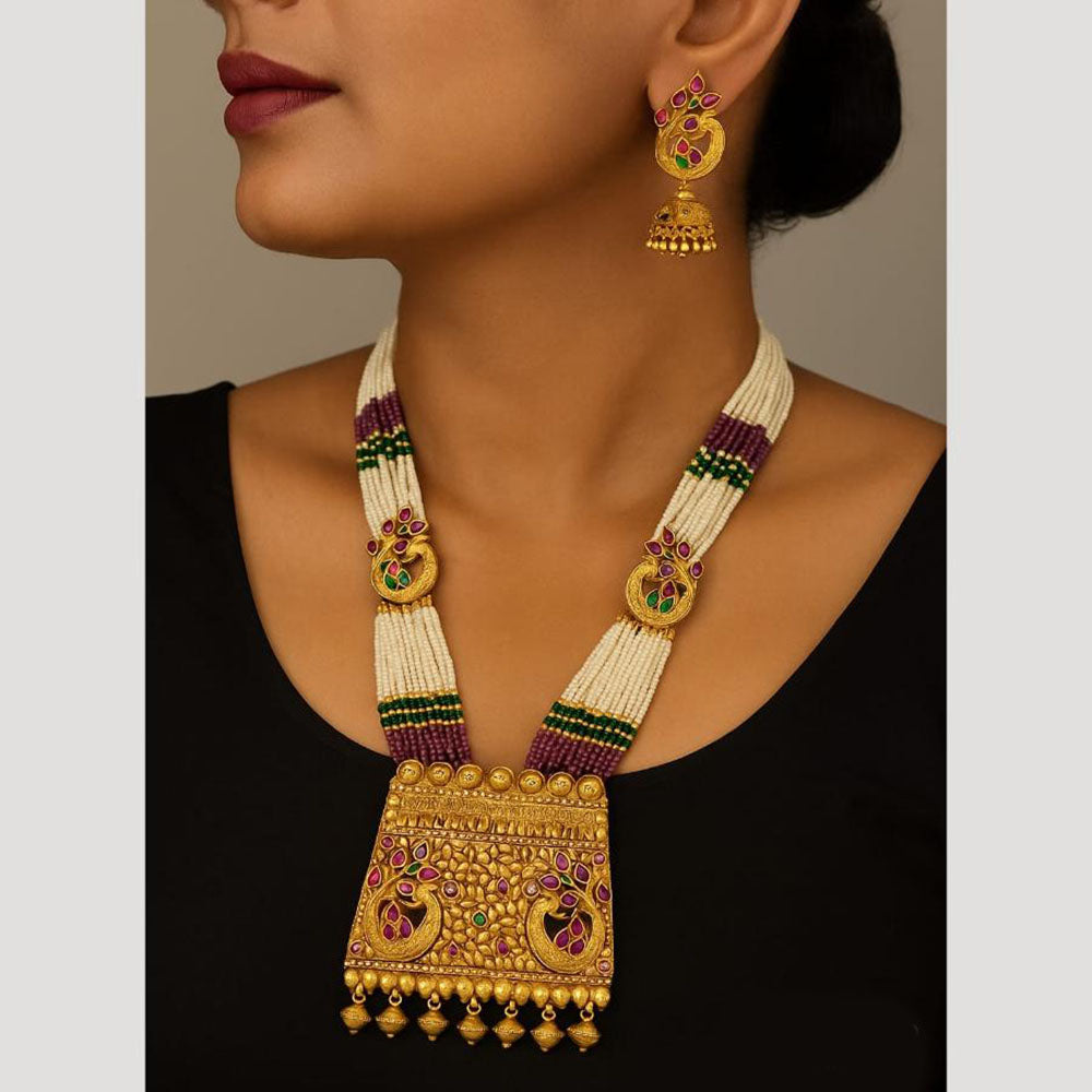 JCM Pearl and Pota Stone Traditional Necklace Set with Matching Earrings