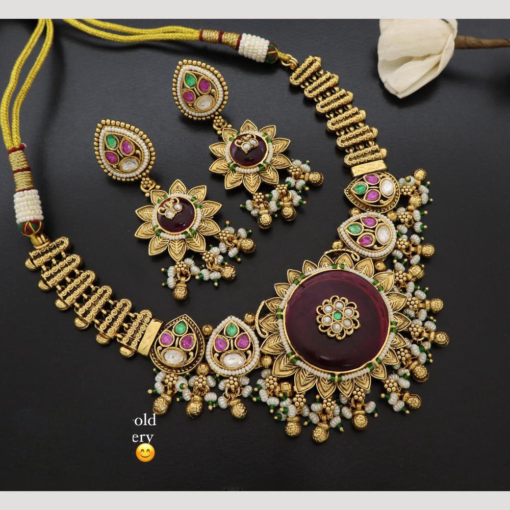 JCM Ethnic Floral Motifs and Pearl Drops Necklace Set with Earrings