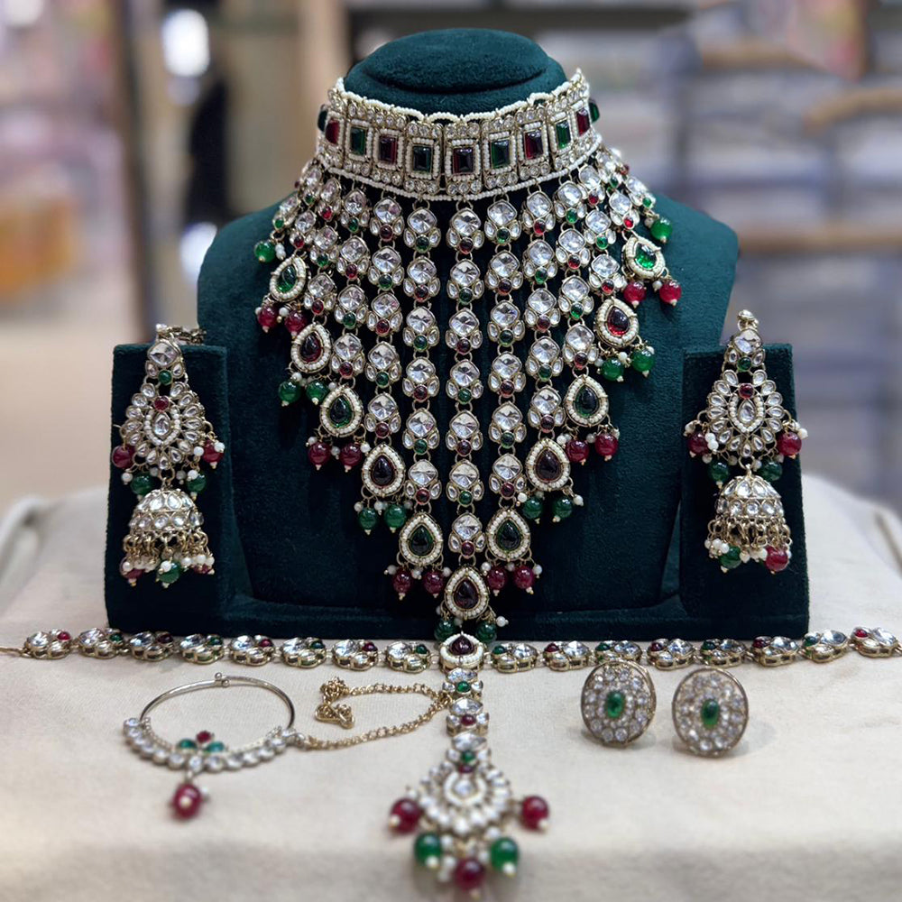JCM Gold Plated Kundan Stone And Pearls Semi Bridal Necklace Set