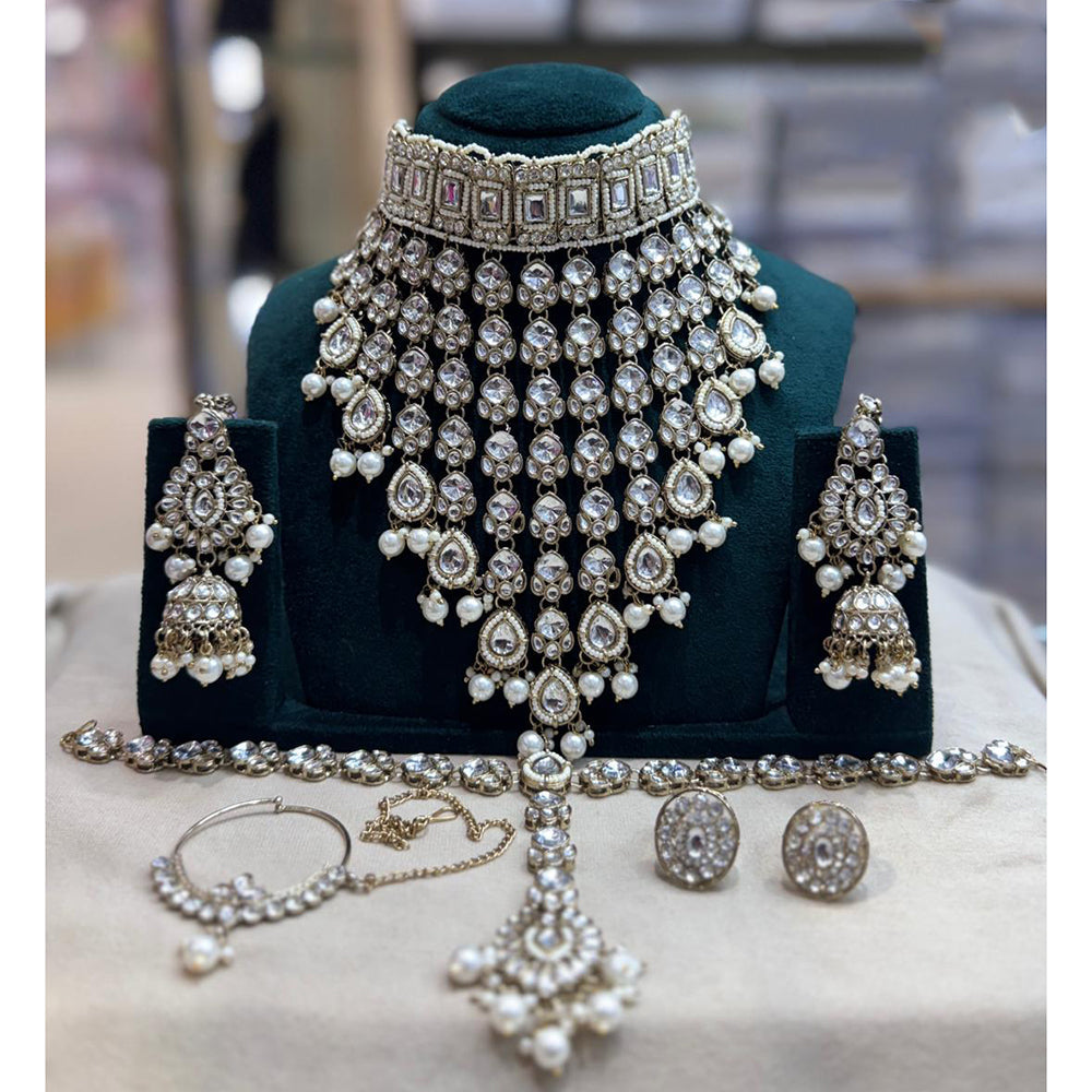 JCM Gold Plated Kundan Stone And Pearls Semi Bridal Necklace Set