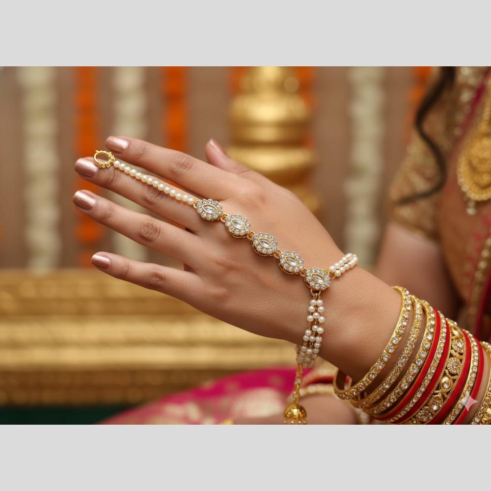 JCM Antique Kundan Stone And Pearl Hand Harness Set