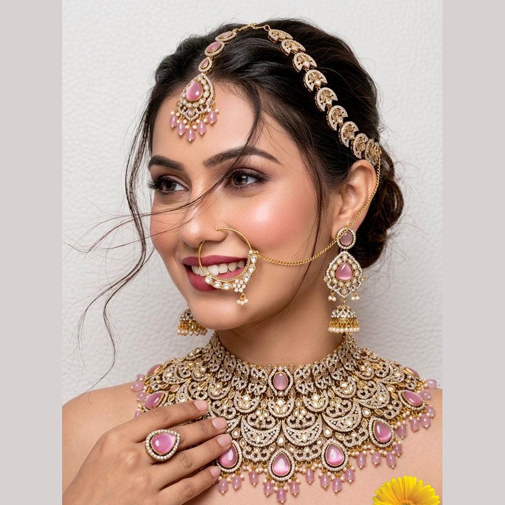 JCM Ethnic Glam Polki Kundan Stone Beads And Pearl Semi-Bridal Jewelry Set