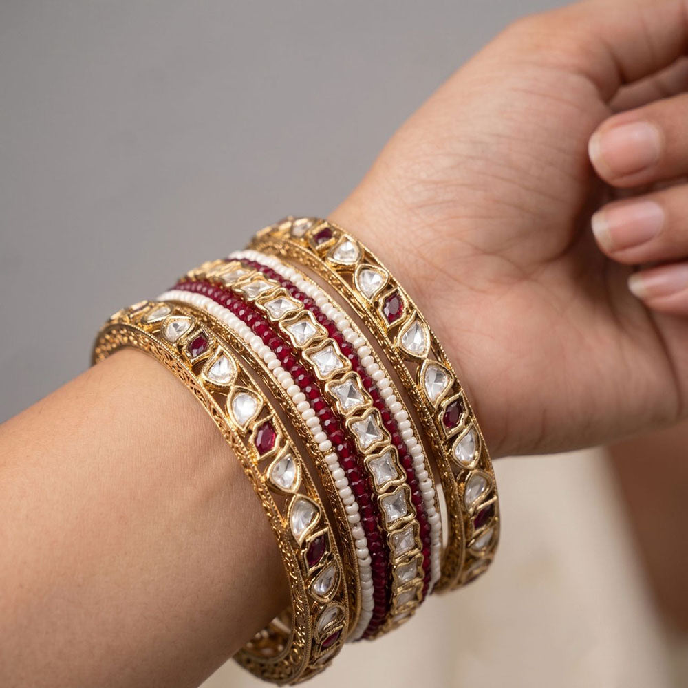 JCM Classic Polki Kundan Stone And Pearl Traditional Bangles Set