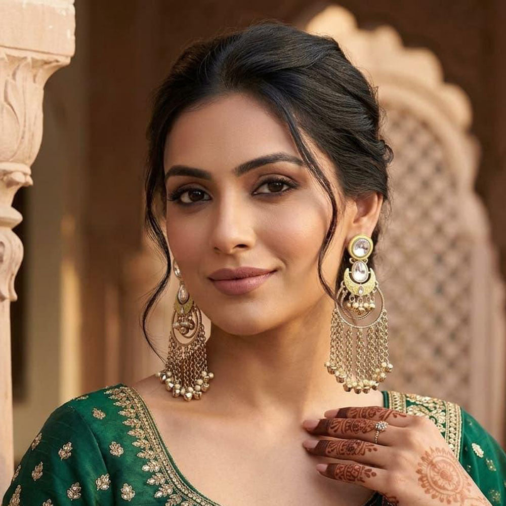 JCM Borivali Designer Kundan Stone Pearl Meenakari Dangler Earrings