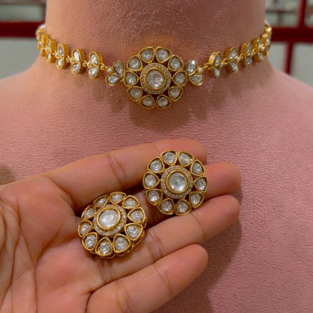 JCM Grand Polki Kundan Stone And Pearl Statement Choker Necklace Set