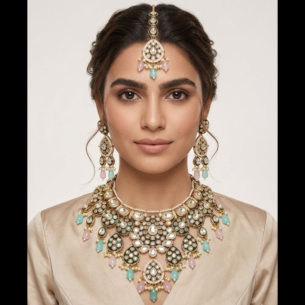 JCM Party Wear Polki Kundan Pearl And Beads Meenakari Necklace Set