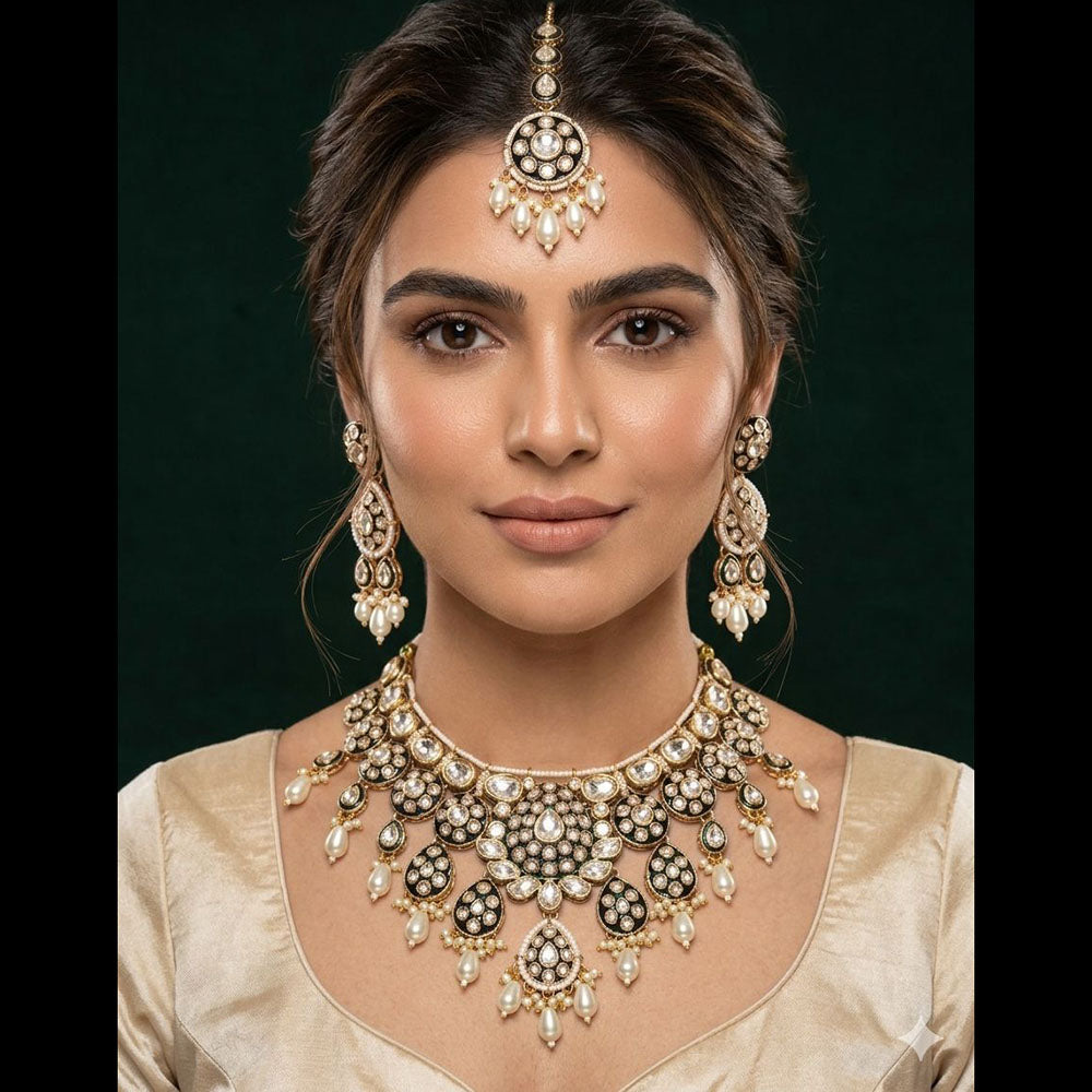 JCM Party Wear Polki Kundan Pearl And Beads Meenakari Necklace Set