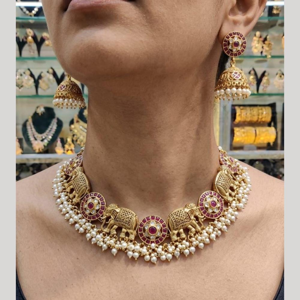 JCM Designer Pota Stone And Pearl Elephant Necklace Set