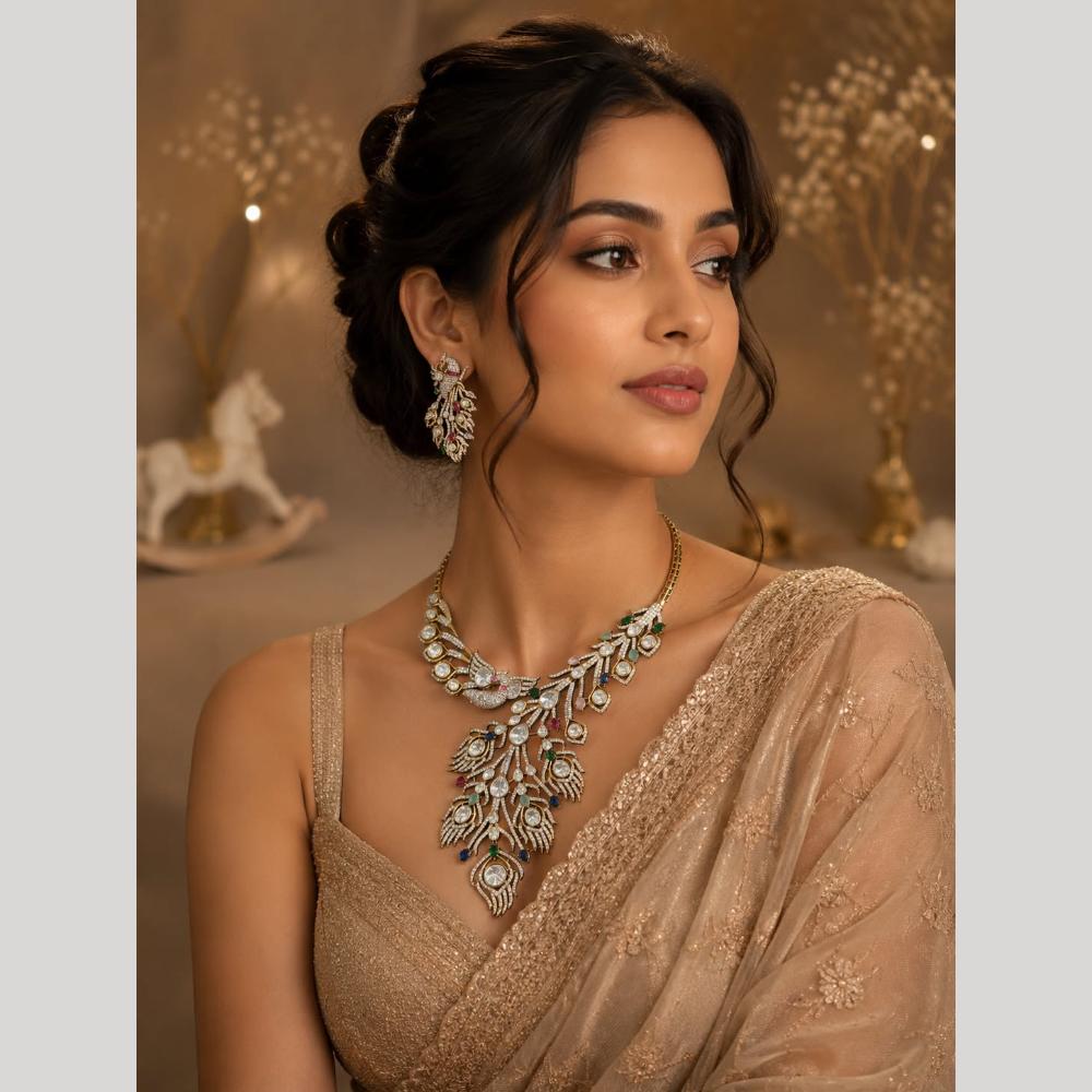 JCM Grand Peacock Design Polki Kundan And Austrian Stone Necklace Set