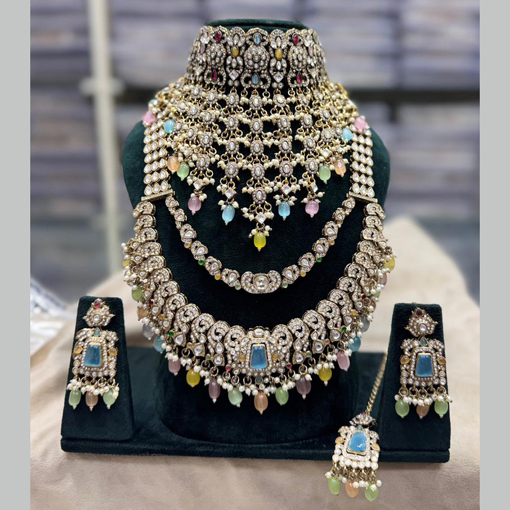 JCM Designer Polki Kundan Pearl And Beads Double Necklace Set