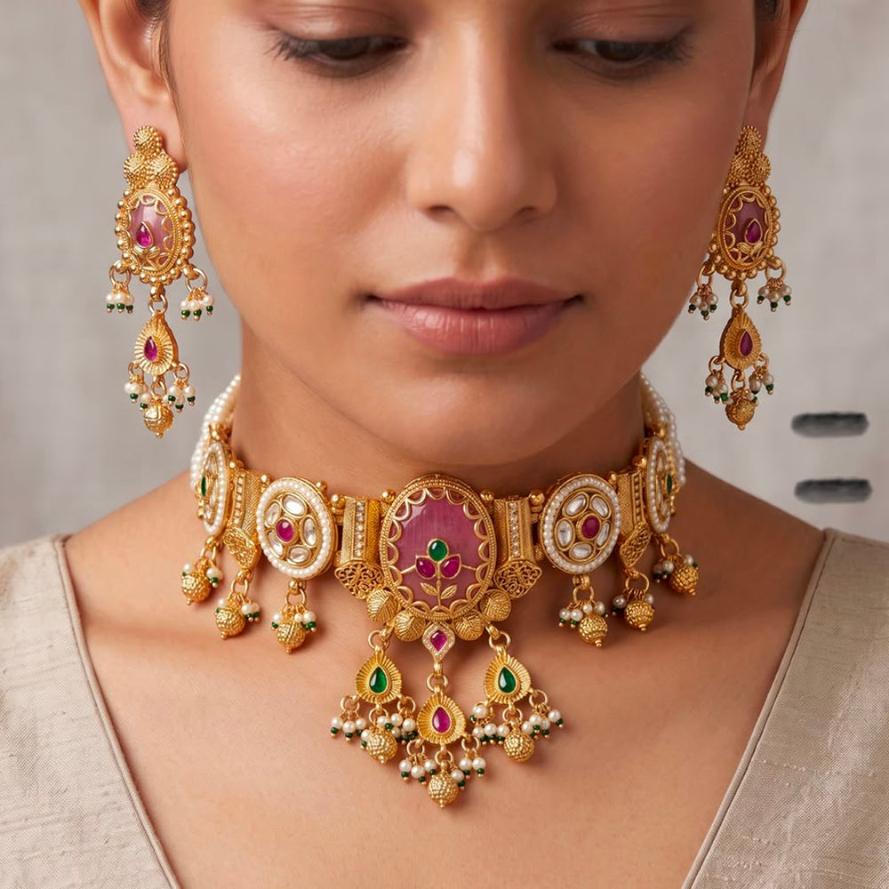 JCM Exquisite Pota Stone And Pearl Choker Necklace Set