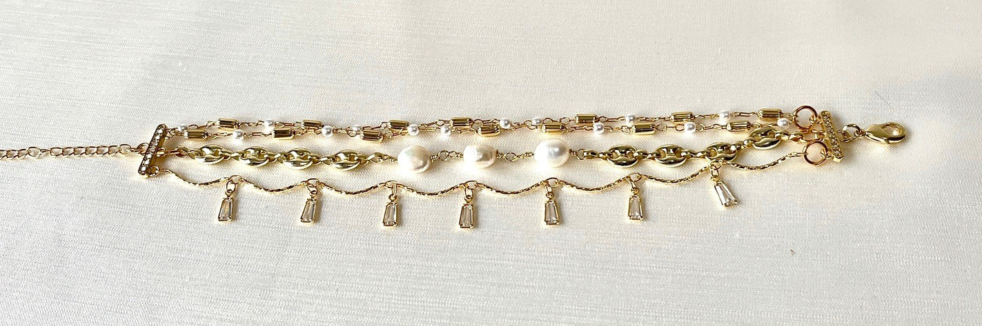 Jewel Treatzz Adorable Everyday Wear 3 Line Gold Plated Pearl Link Chain With Dangling Baguettes Fashion Bracelet