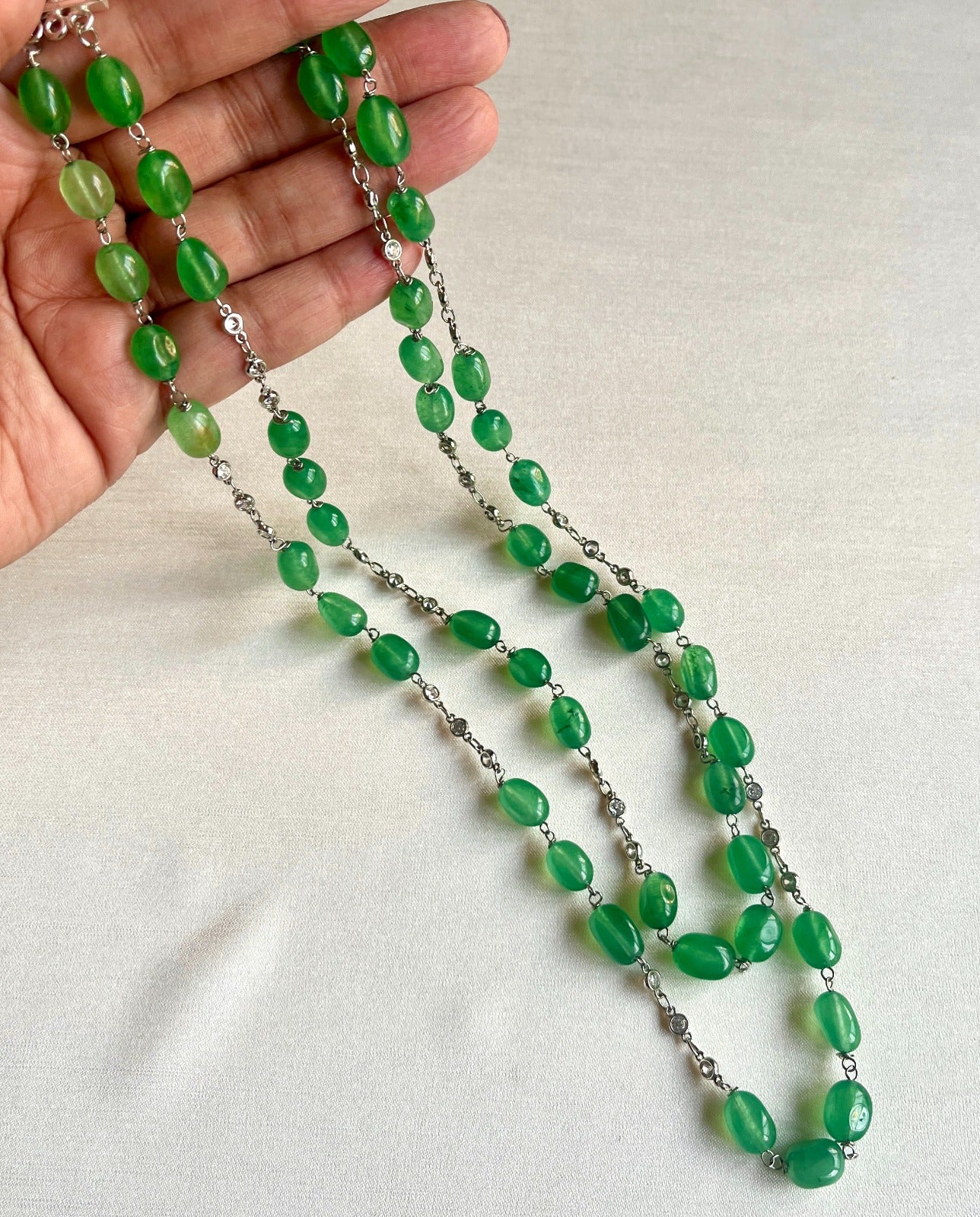 Jewel Treatzz Green Aventurine Rhodium Finished CZ Layered Necklace