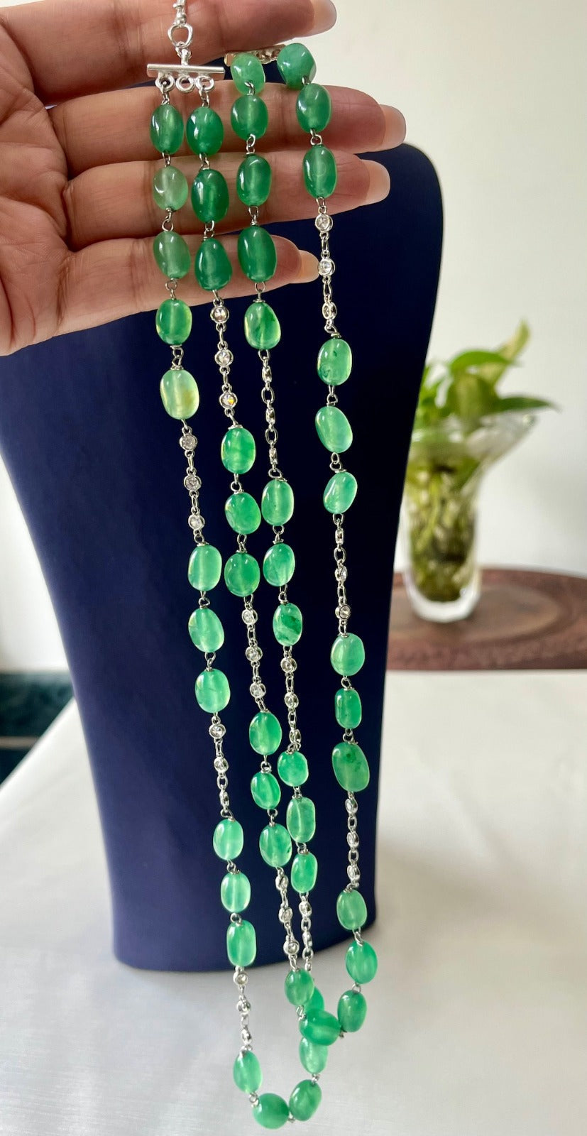Jewel Treatzz Green Aventurine Rhodium Finished CZ Layered Necklace