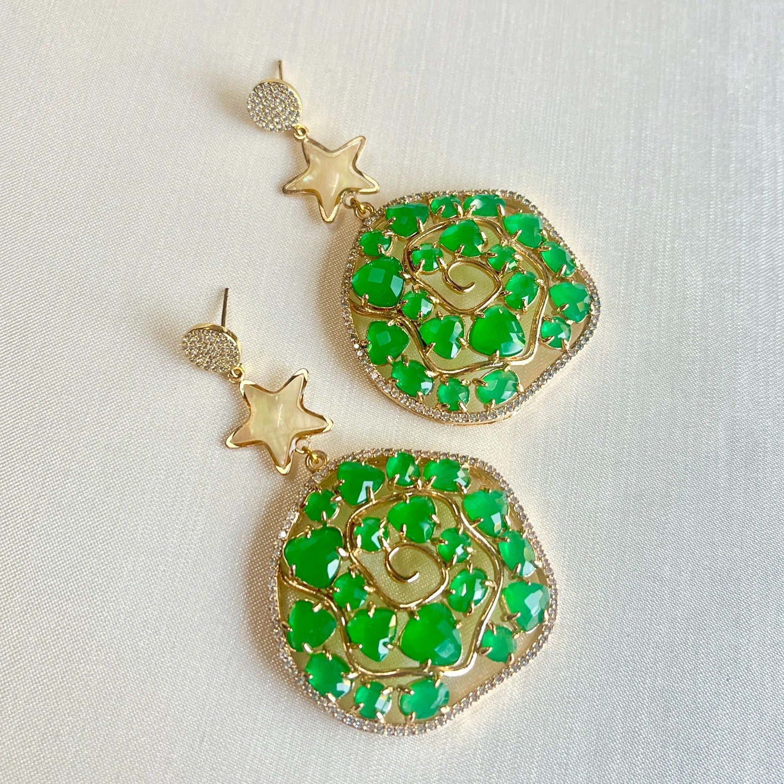 Jewel Treatzz Irregular Shaped Emerald Doublet Stone, Mother Of Pearl Star And CZ Stone Gold Plated Chandlelier Earrings