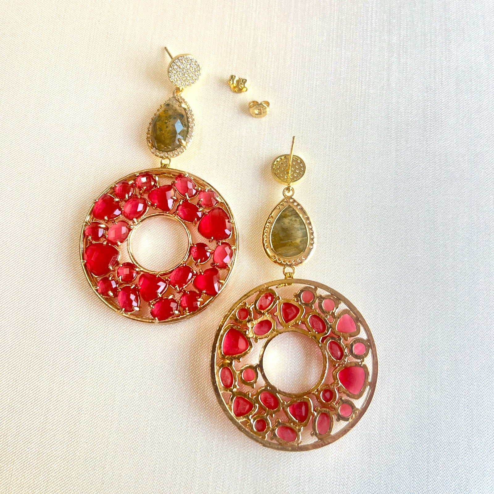 Jewel Treatzz Irregular Shapes Blue Doublet Stones, Rose Quartz Four Petal Clover Flower And CZ Stone Gold Plated Chandelier Earrigs