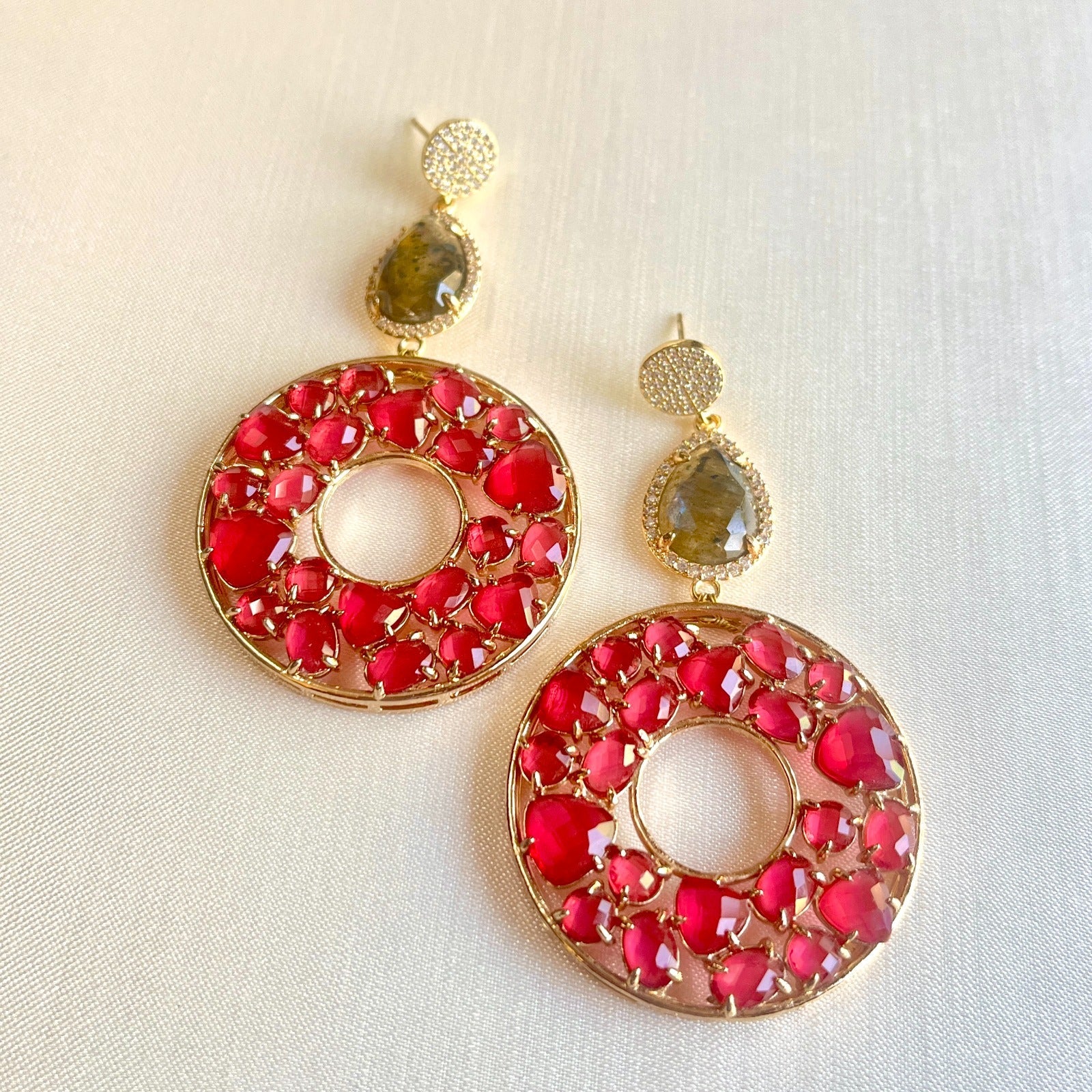 Jewel Treatzz Irregular Shapes Blue Doublet Stones, Rose Quartz Four Petal Clover Flower And CZ Stone Gold Plated Chandelier Earrigs