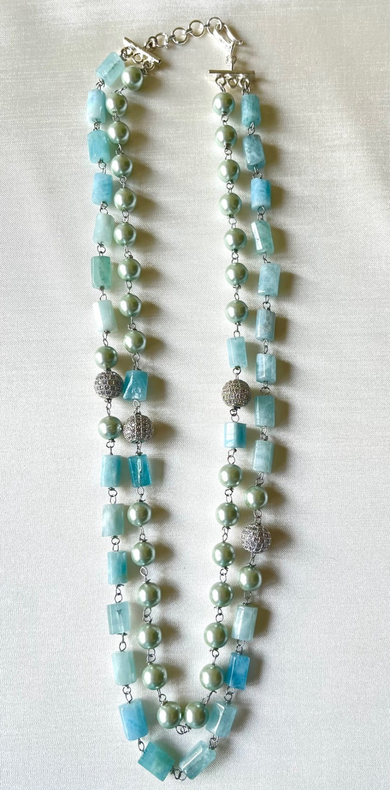 Jewel Treatzz Layered Necklace With Aqua Agates Sliver Pearls & Daimond Balls