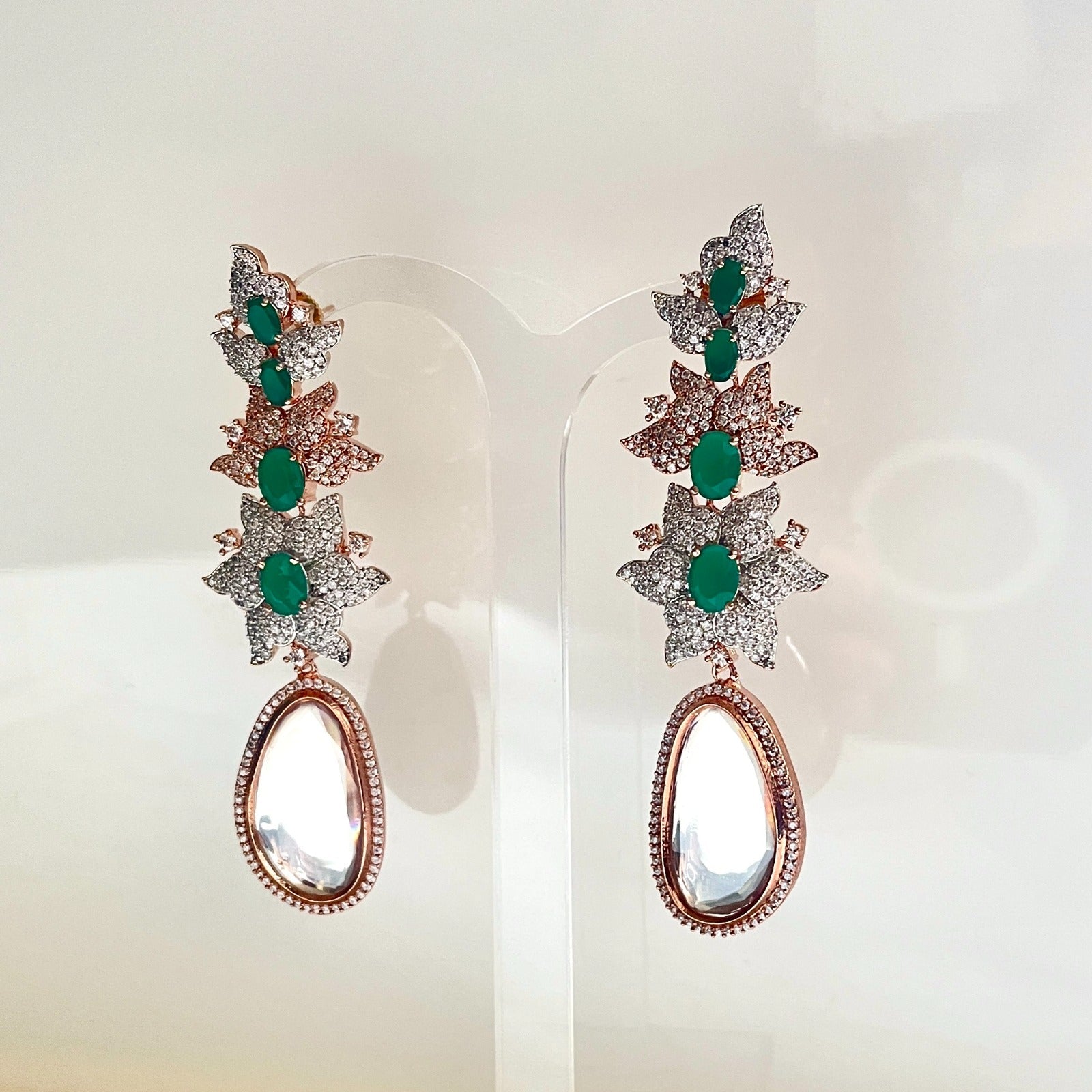 Jewel Treatzz Long Emerald Doublet Stones, CZ Stone & Uncut Polki Kundan Rose Gold Earrings