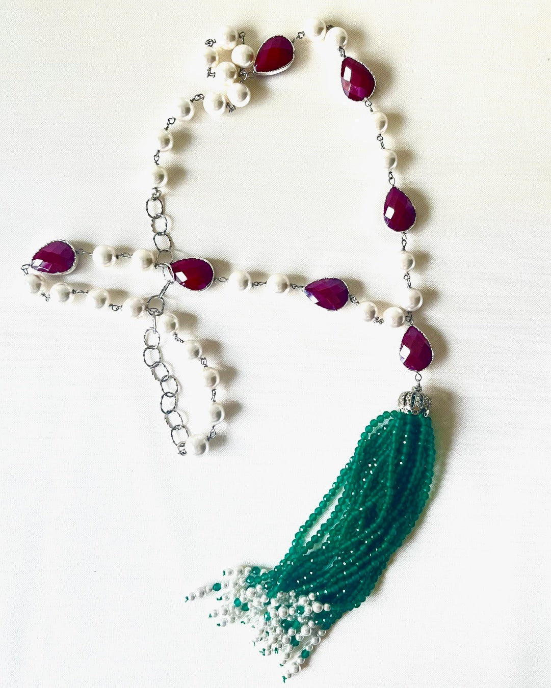 Jewel Treatzz Partywear Emerald Agate Tassels Necklace With Ruby Facetted Cabochons & Pearls
