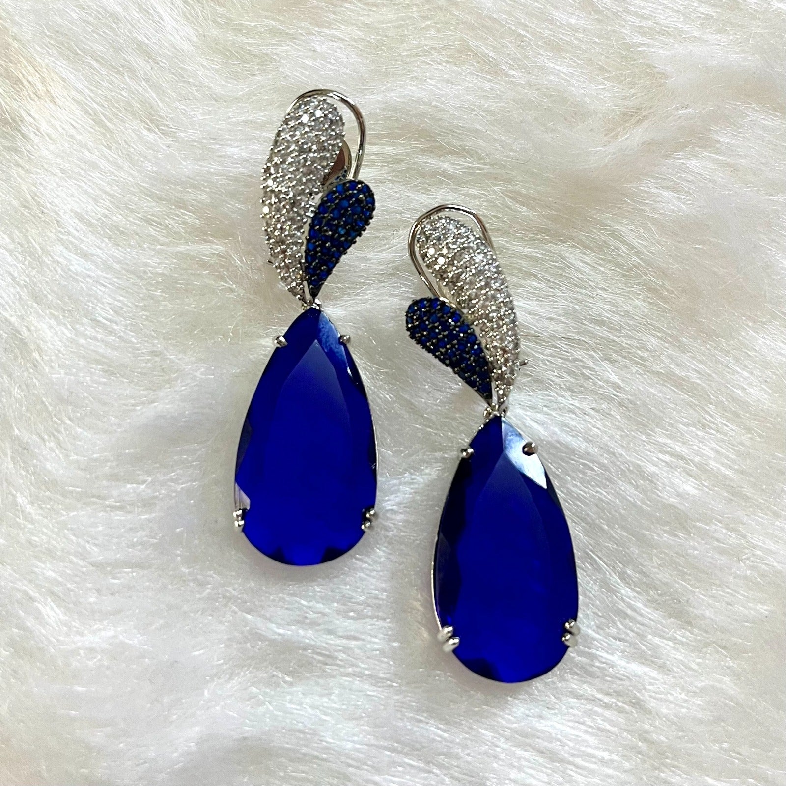 Jewel Treatzz Rhodim Plated, Pear Shaped Blue Shapphire Doublet Stone & Cubic Zirconia's Dangler Earrings