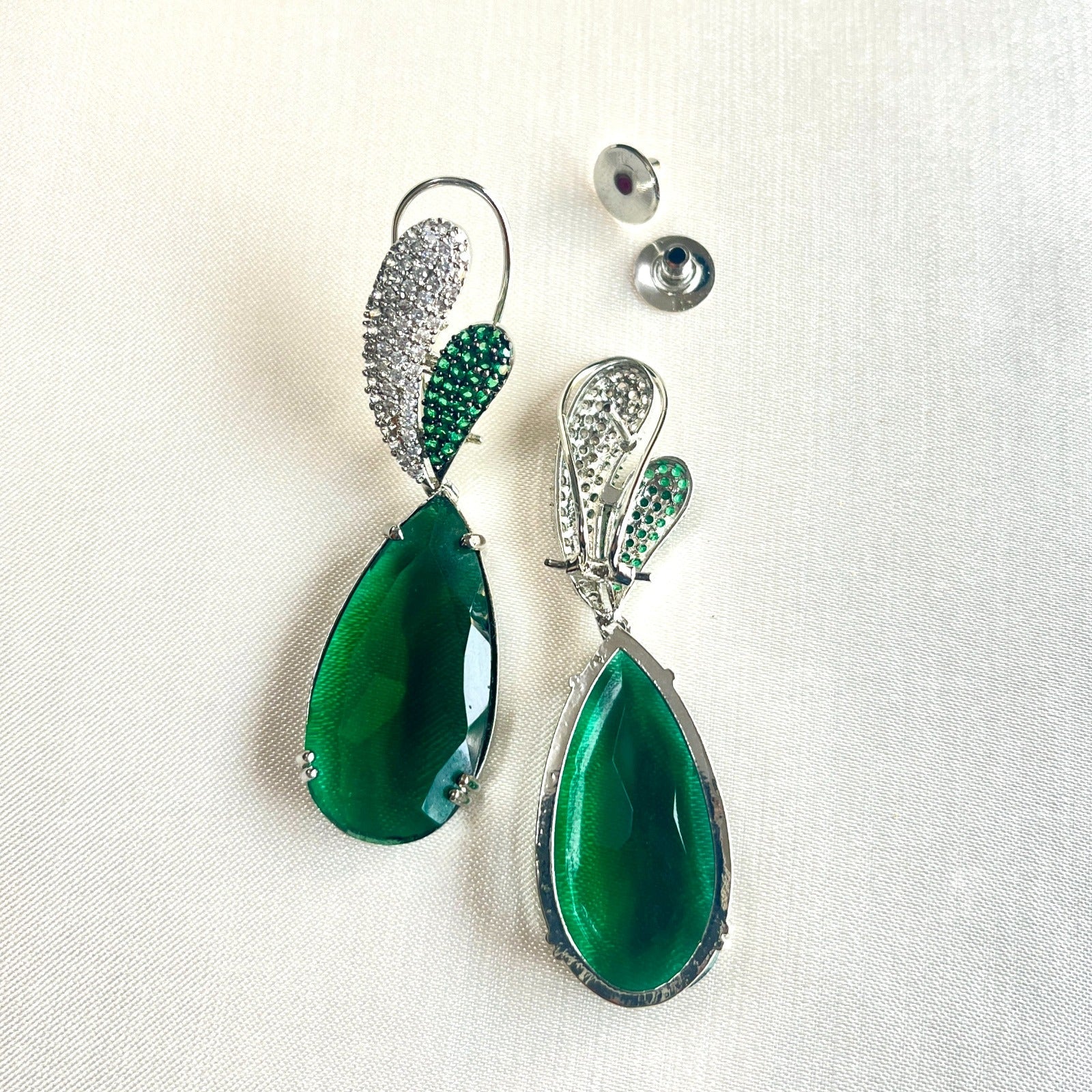 Jewel Treatzz Rhodium Plated, Pear Shaped Emerald Doublet Stone & Cubic Zirconia's Dangler Earrings