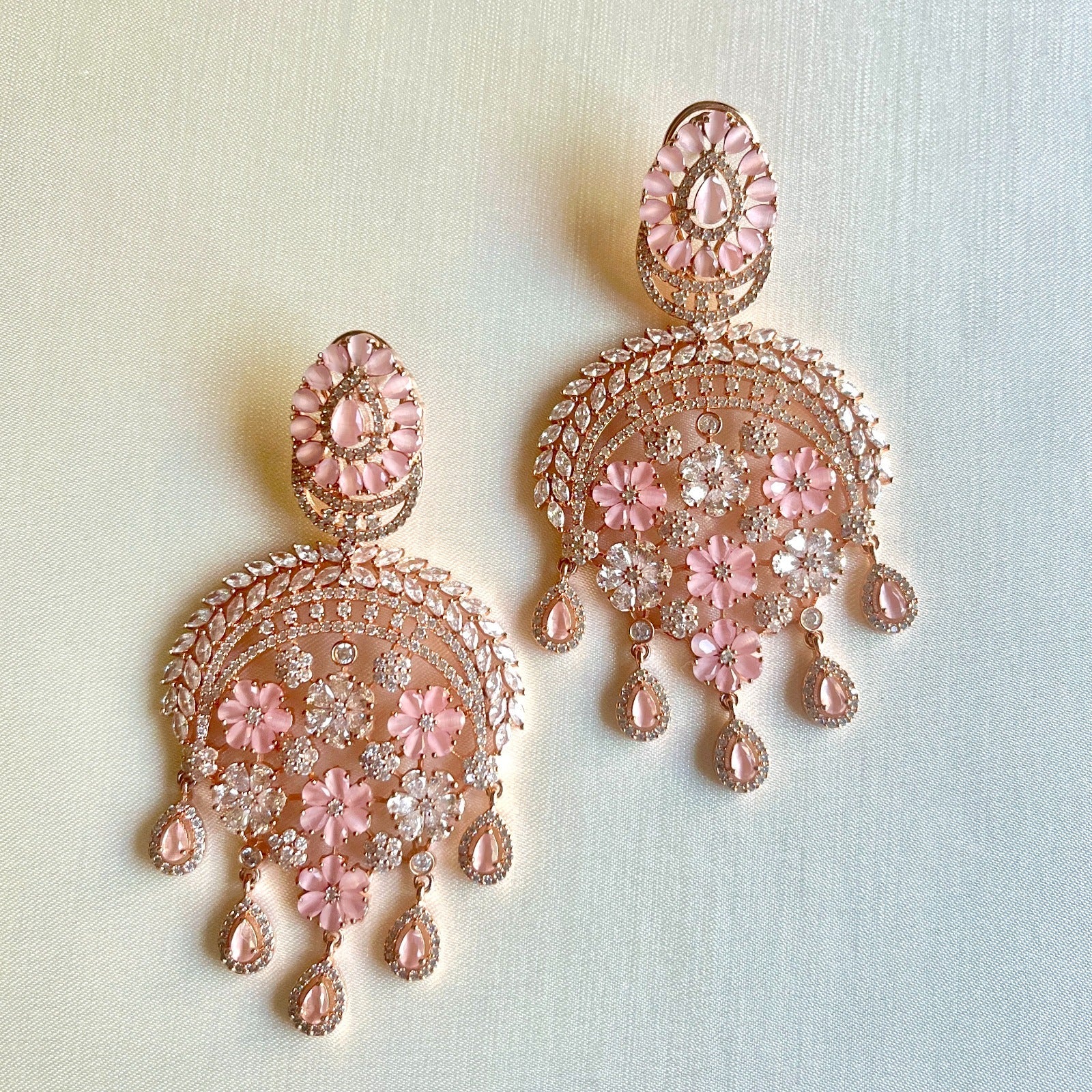 Jewel Treatzz Statement Chandelier Rose Gold Plated Earrings With Rose Quartz & CZ Stone