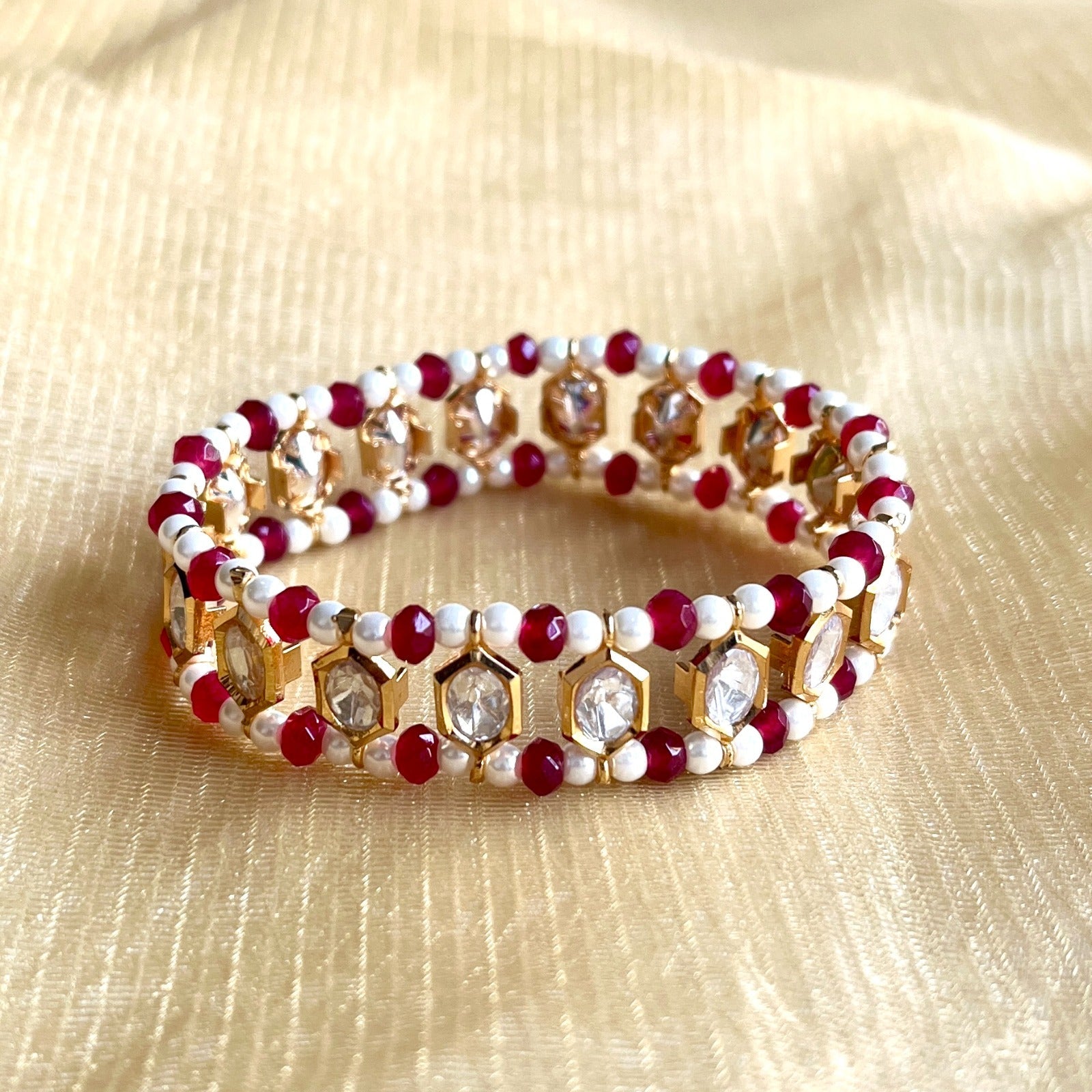 Jewel Treatzz Strecthable Ruby, Pearls G Uncut Polki Kundan Gold Plated Bracelet
