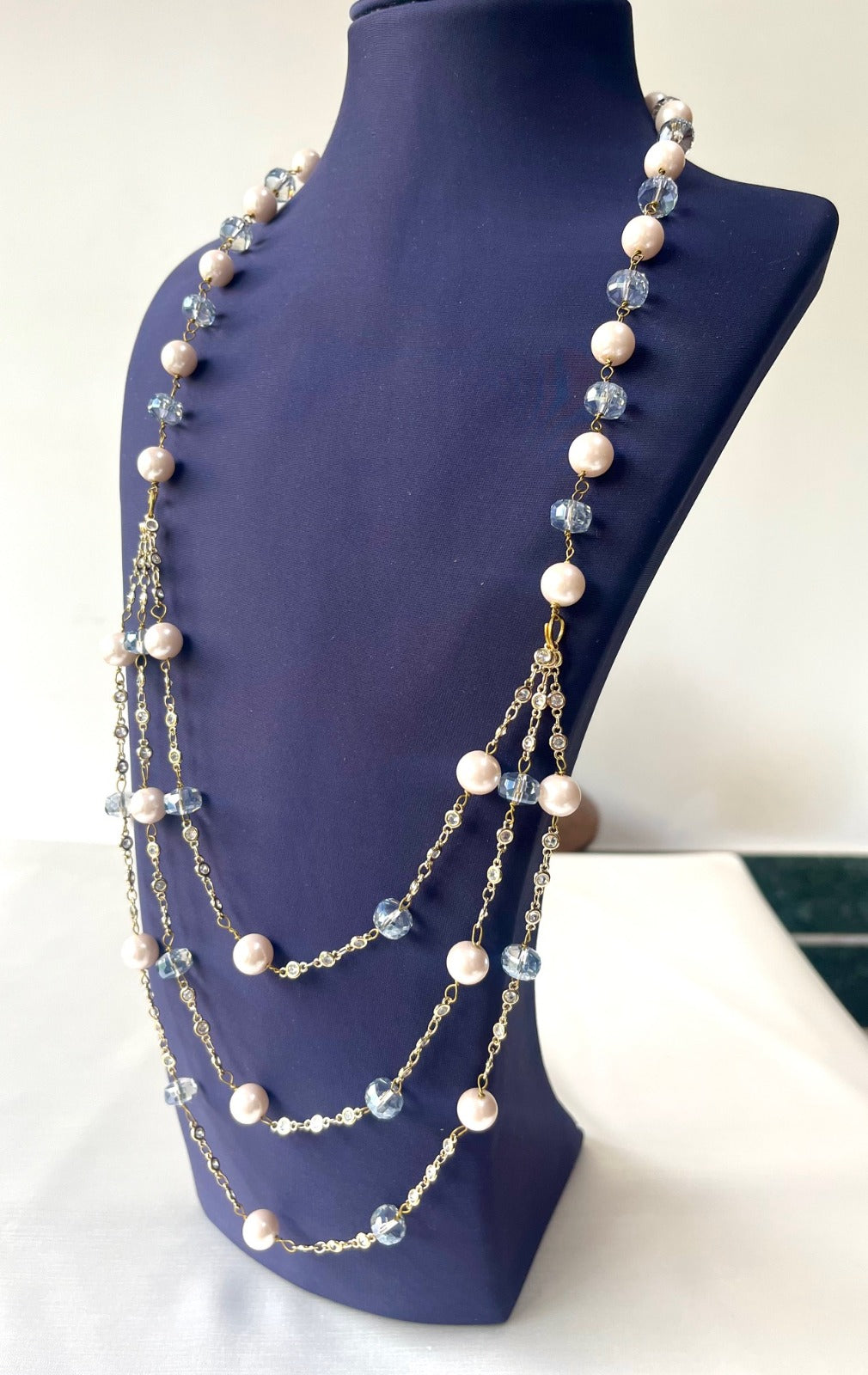 Jewel Treatzz Triple Layered Pearls, Aqua Beads Gold Plated Party Necklace
