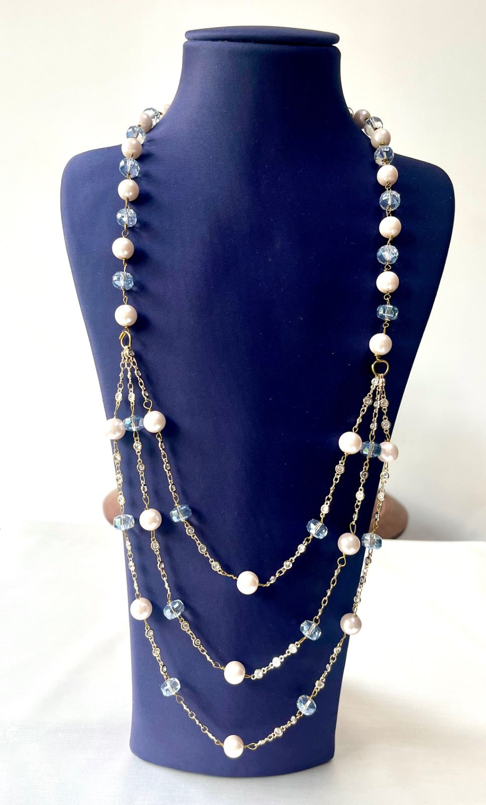 Jewel Treatzz Triple Layered Pearls, Aqua Beads Gold Plated Party Necklace