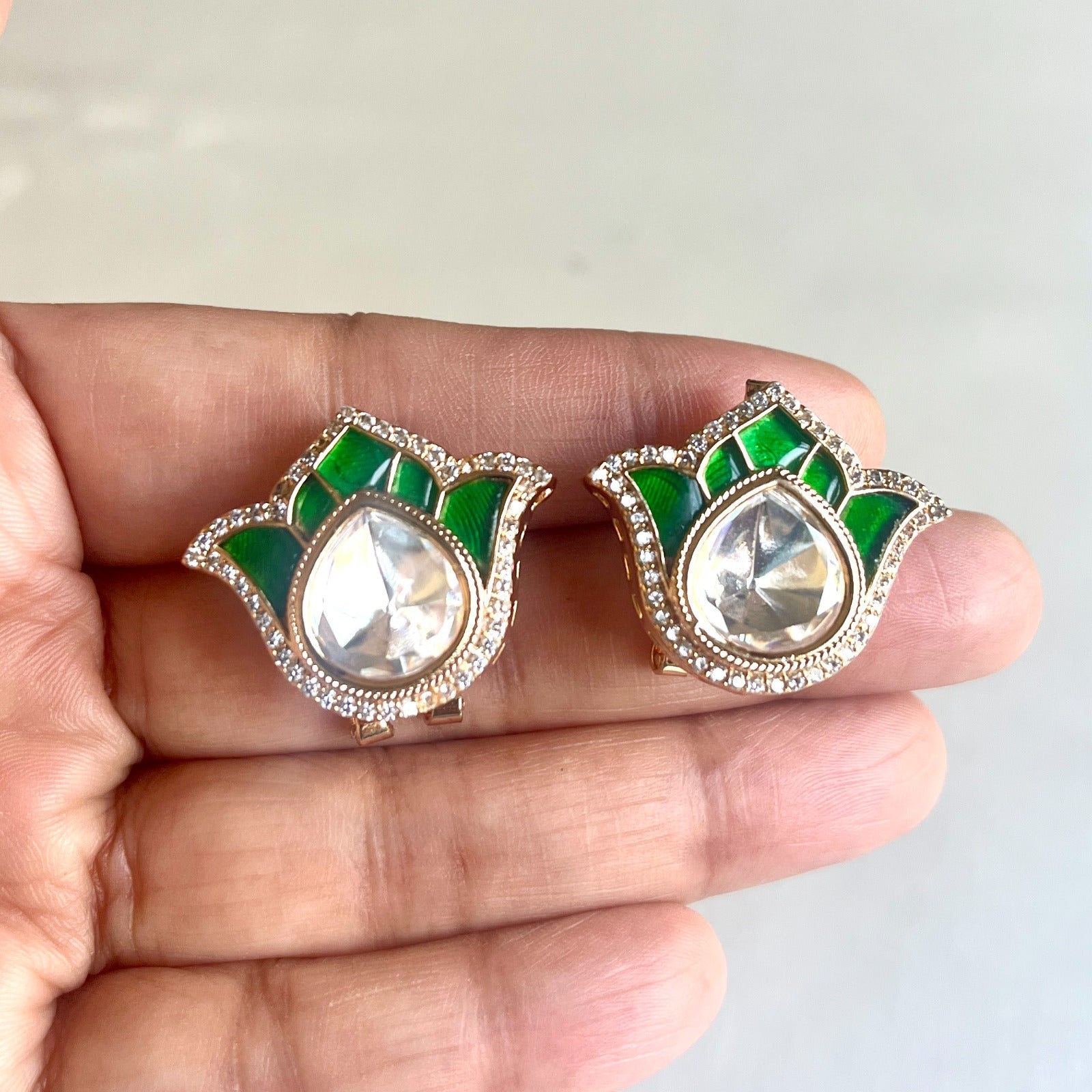 Jewel Treatzz Tulip Flower Stud Earrings Gold Plated With Green Enamel, Big Pear Shaped Uncut Polki Kundan Stone Bordered With CZ Stone