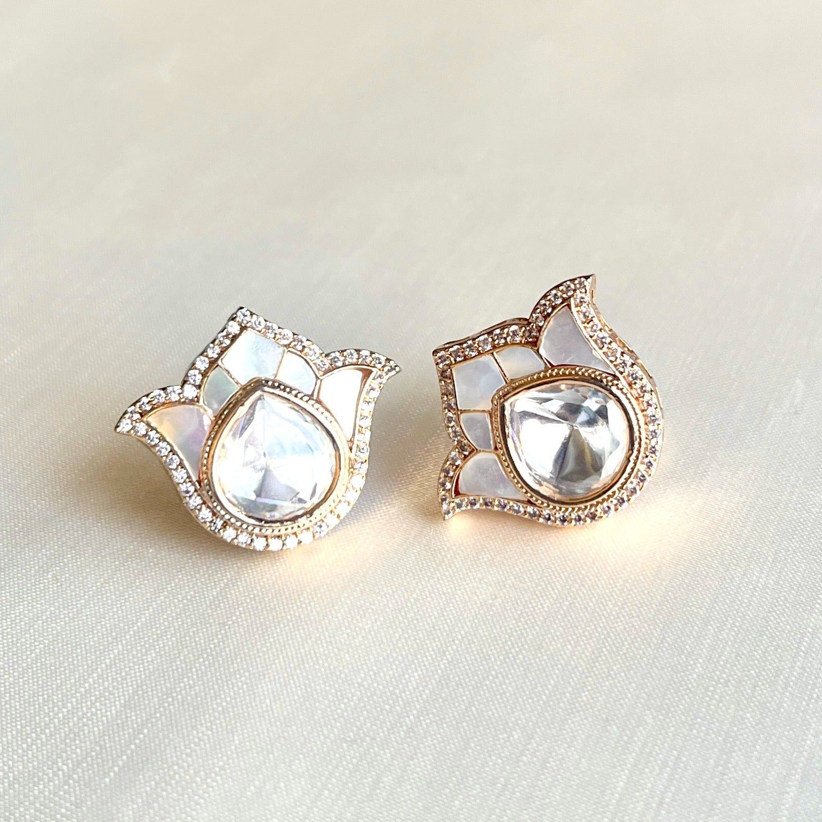 Jewel Treatzz Tulip Flower Stud Earrings Gold Plated With White Enamel, Big Pear Shaped Uncut Polki Kundan Stone Bordered With CZ Stone