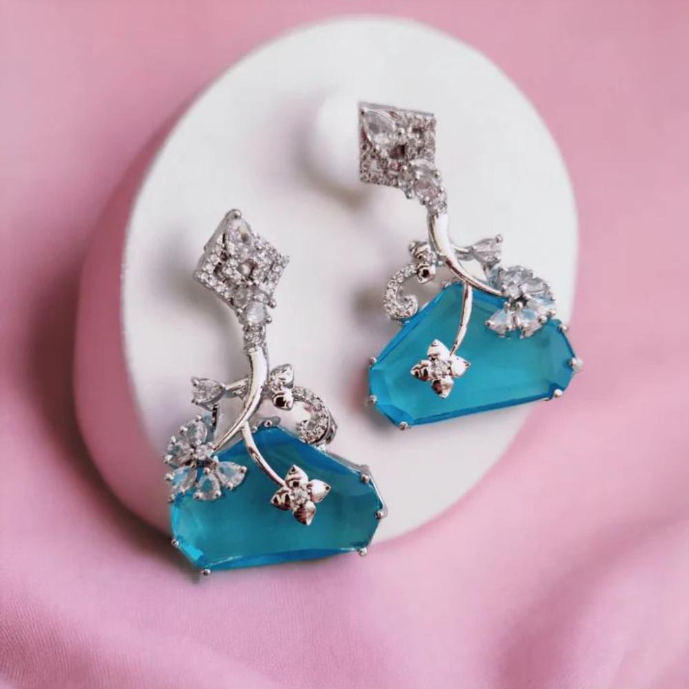Jewel Treatzz Rhodium Plated, Pear Shaped Emerald Doublet Stone & Cubic Zirconia's Dangler Earrings (Pack of 10)