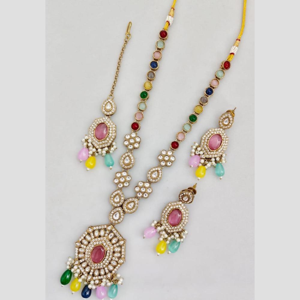Rani Sati Jewels Gold Plated Pota Stone And Pearl Long Necklace Set