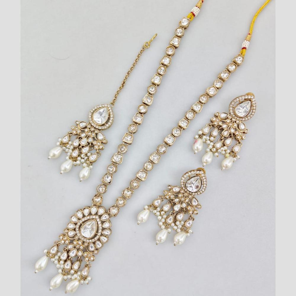 Rani Sati Jewels Gold Plated Pota Stone And Pearl Long Necklace Set