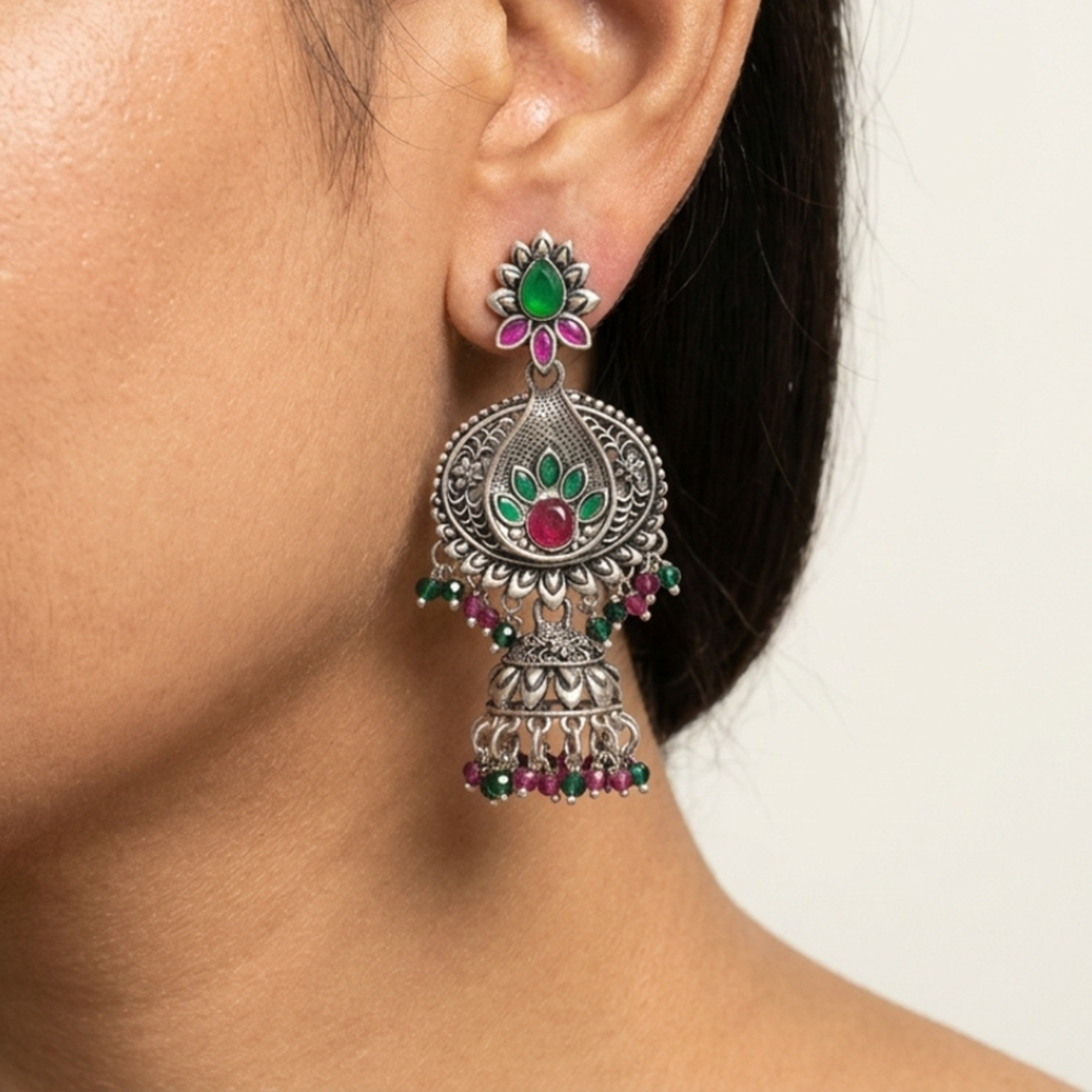 Wearhouse Fashion Oxidised Plated Pota Stone And Pearl Jhumki Earrings