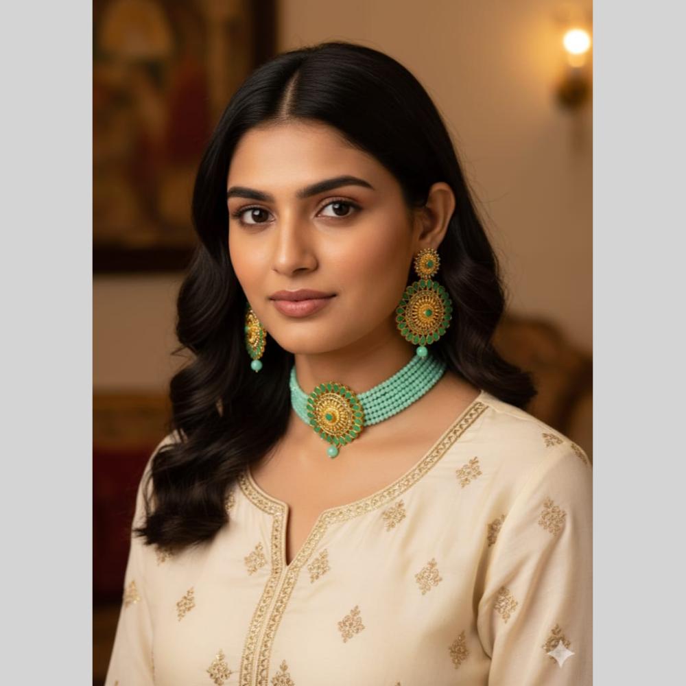 Naitika Arts Elegant Crystal Stone Pearl Choker Necklace Set