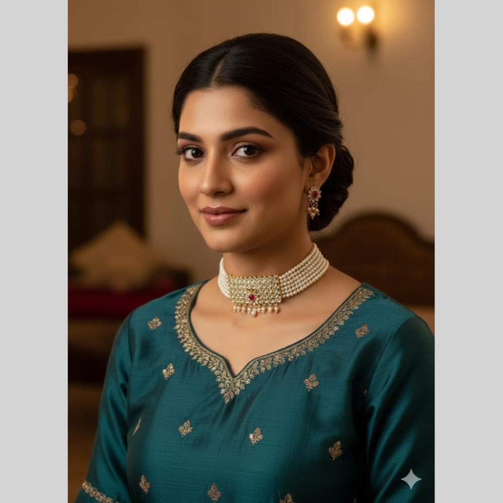 Naitika Arts Elegant Crystal Stone Pearl Choker Necklace Set