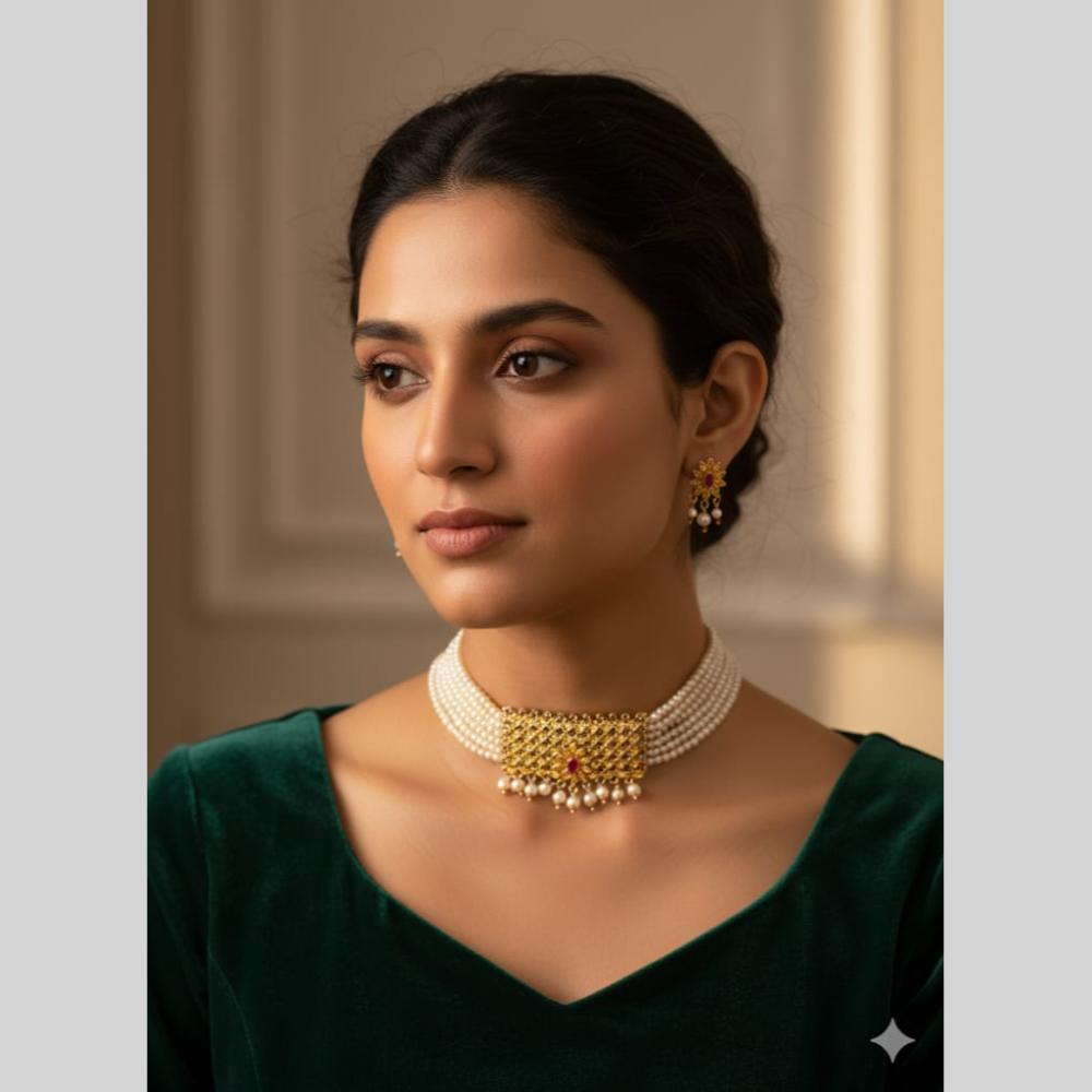 Naitika Arts Elegant Crystal Stone Pearl Choker Necklace Set