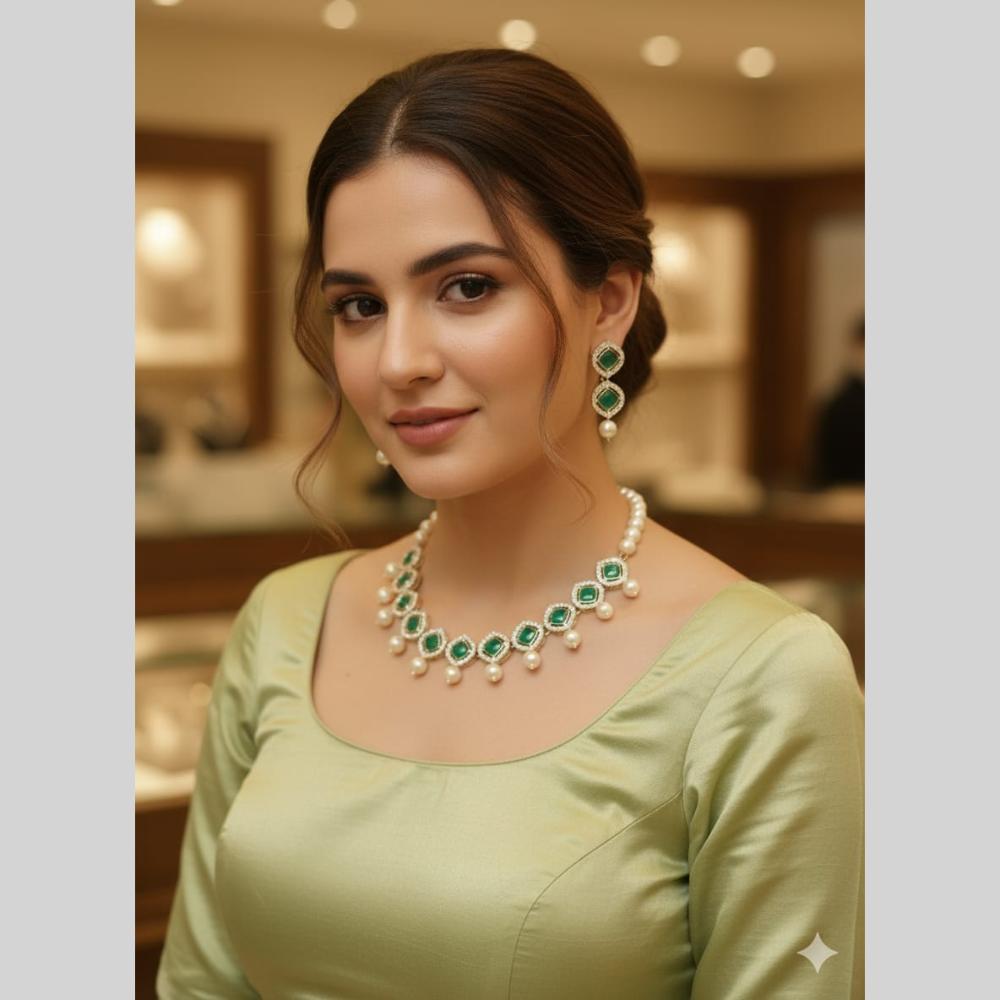 Naitika Arts Elegant Crystal Stone Pearl Choker Necklace Set