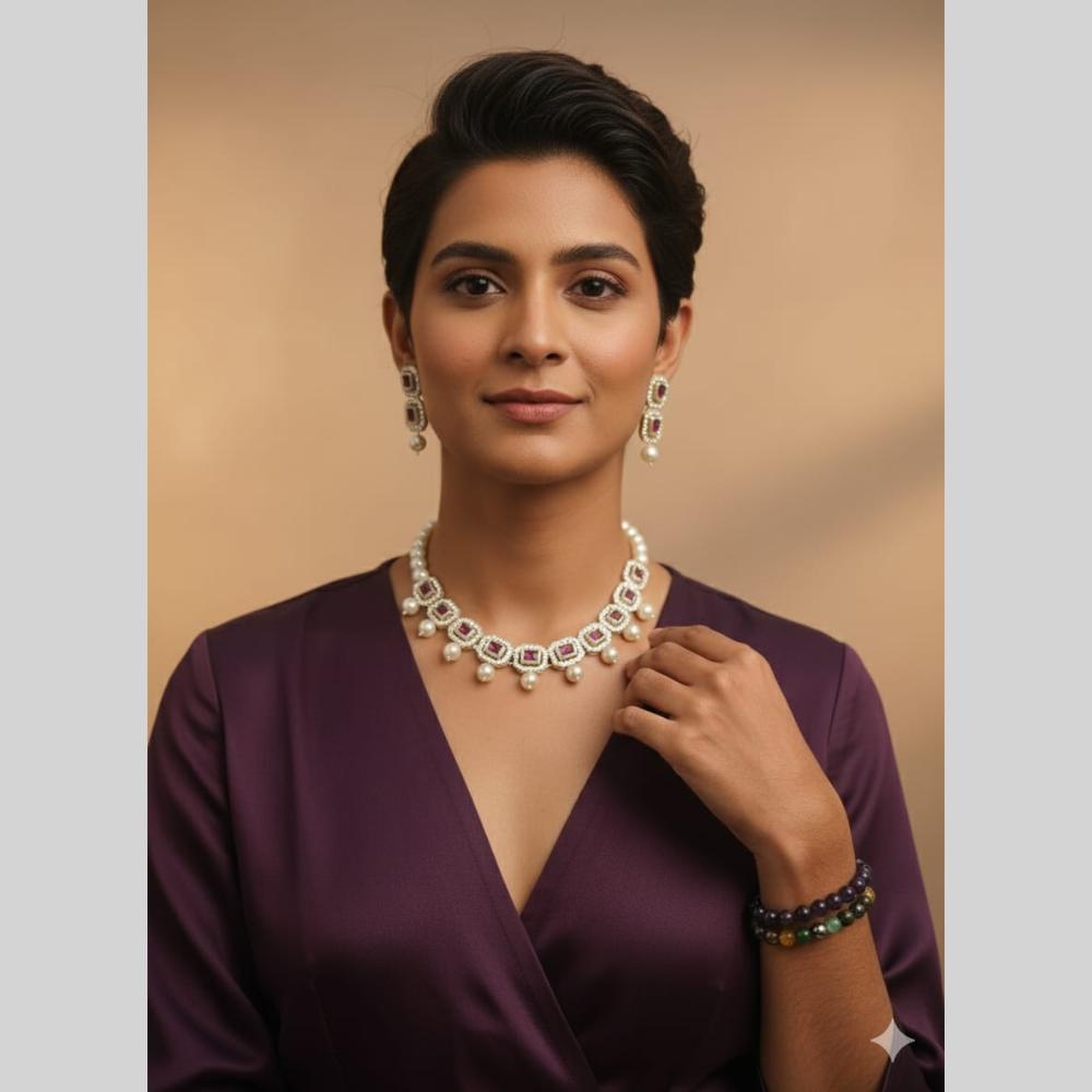 Naitika Arts Elegant Crystal Stone Pearl Choker Necklace Set