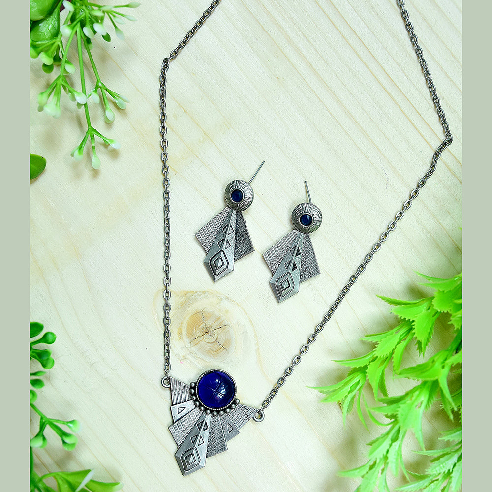 Wearhouse Fashion Oxidised Plated Pota Stone Necklace Set