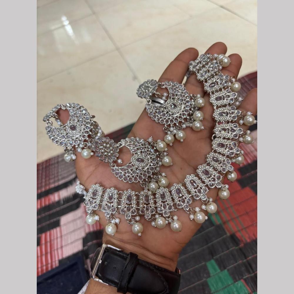 Shree Chamunda Jewellers Silver Plated Crystal Stone Beads And Pearls Necklace Set